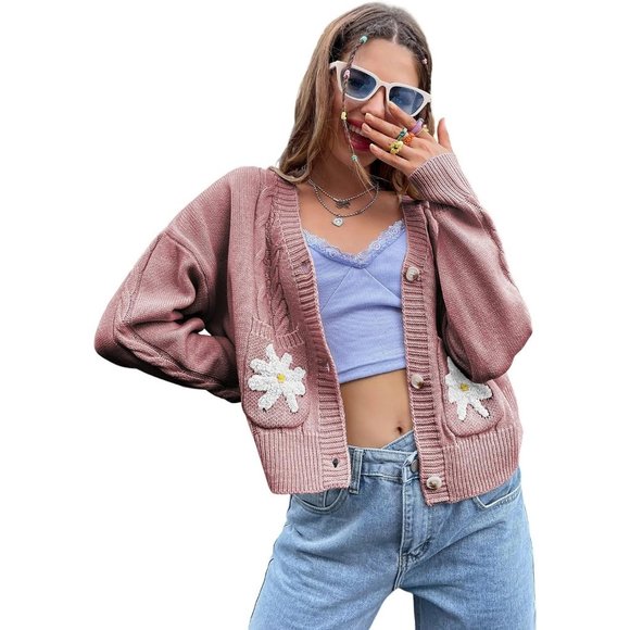 Womens Long Sleeve Open Front Flower Knit Cardigan Aesthetic Shrug Outfits - Picture 1 of 6